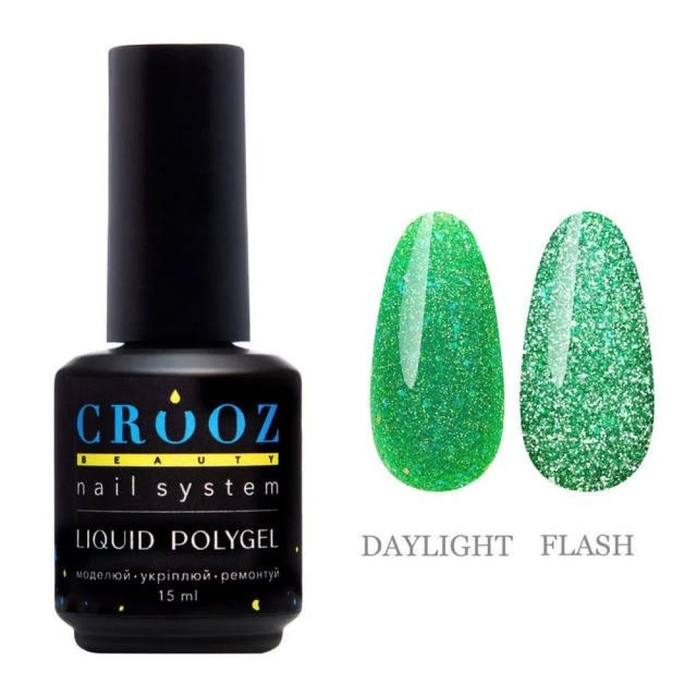 Жидкий полигель №02 CRYSTAL Liquid Polygel Crooz (зеленый со светоотражающими блестками), 15 мл