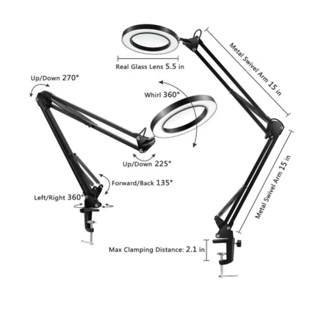 Настільна лампа чорна з 5Х збільшуваним склом живлення від USB 