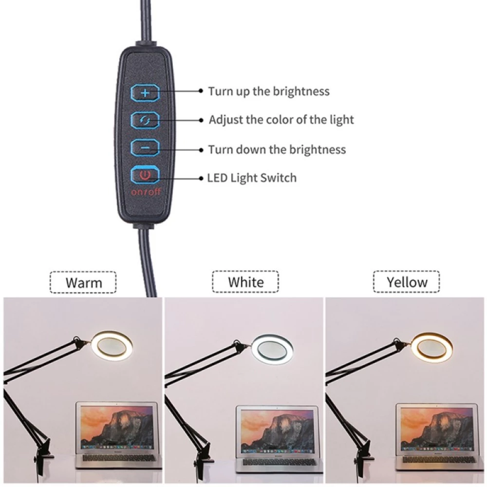 Настільна лампа чорна з 5Х збільшуваним склом живлення від USB 