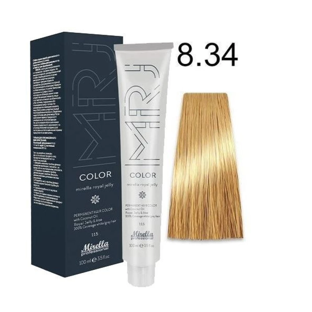 Крем-краска перманентная для волос Mirella Professional MRJ Color - 8.34, светлый золотисто-медный блондин, 100 мл