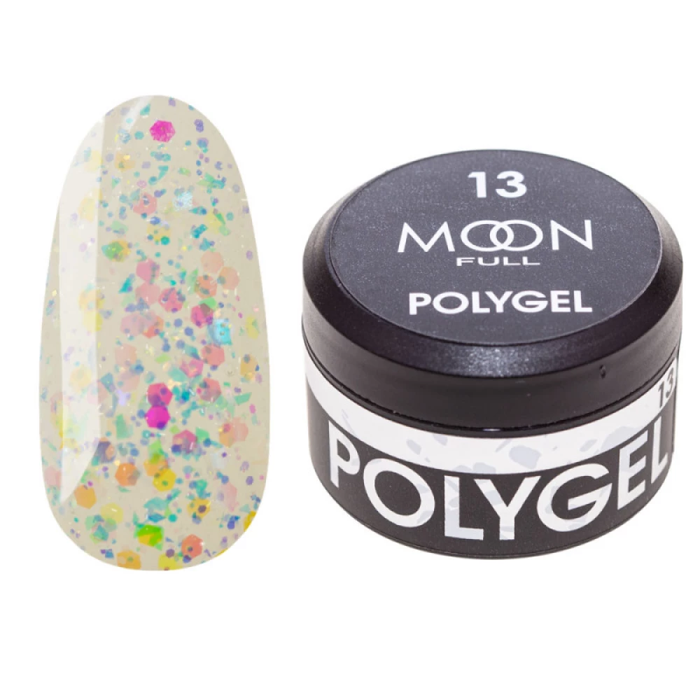 Полигель для наращивания Moon Full Poly Gel №13 конфетти жемчужный с талью, 15 мл.