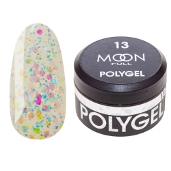 Полігель для нарощування Moon Full Poly Gel №13 конфетті перлове з поталлю, 15 мл.