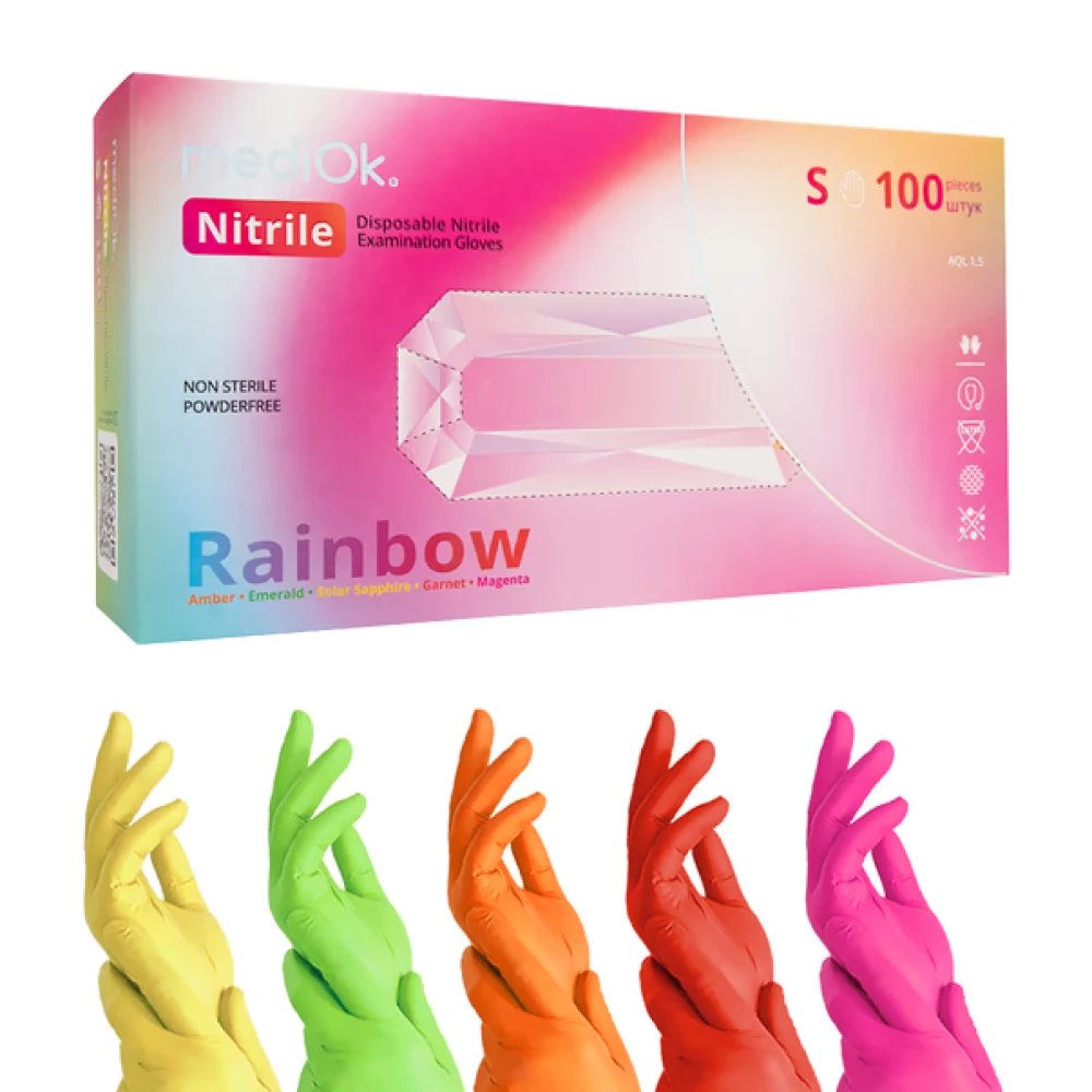 Рукавички нітрилові Rainbow мікс 5 кольорів,  S, 100шт/уп, MediOK