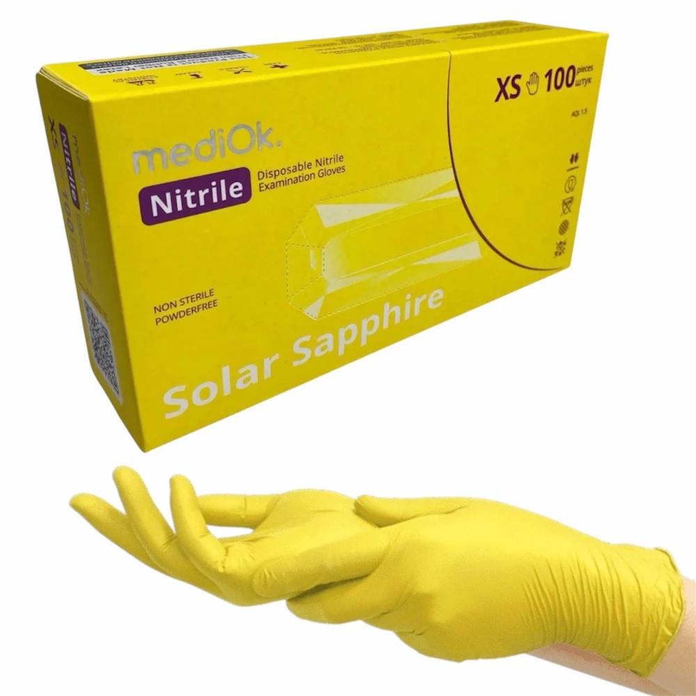 Рукавички нітрилові SOLAR SAPPHIRE жовті, XS, 100шт/уп, MediOK